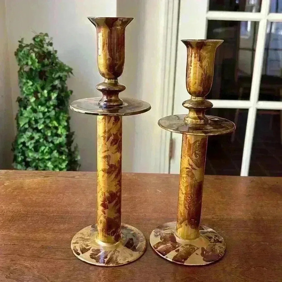 2 Glass Amber Candle Stick Holders/Candle Holders Tortoise Shell Colored - Picture 1 of 7